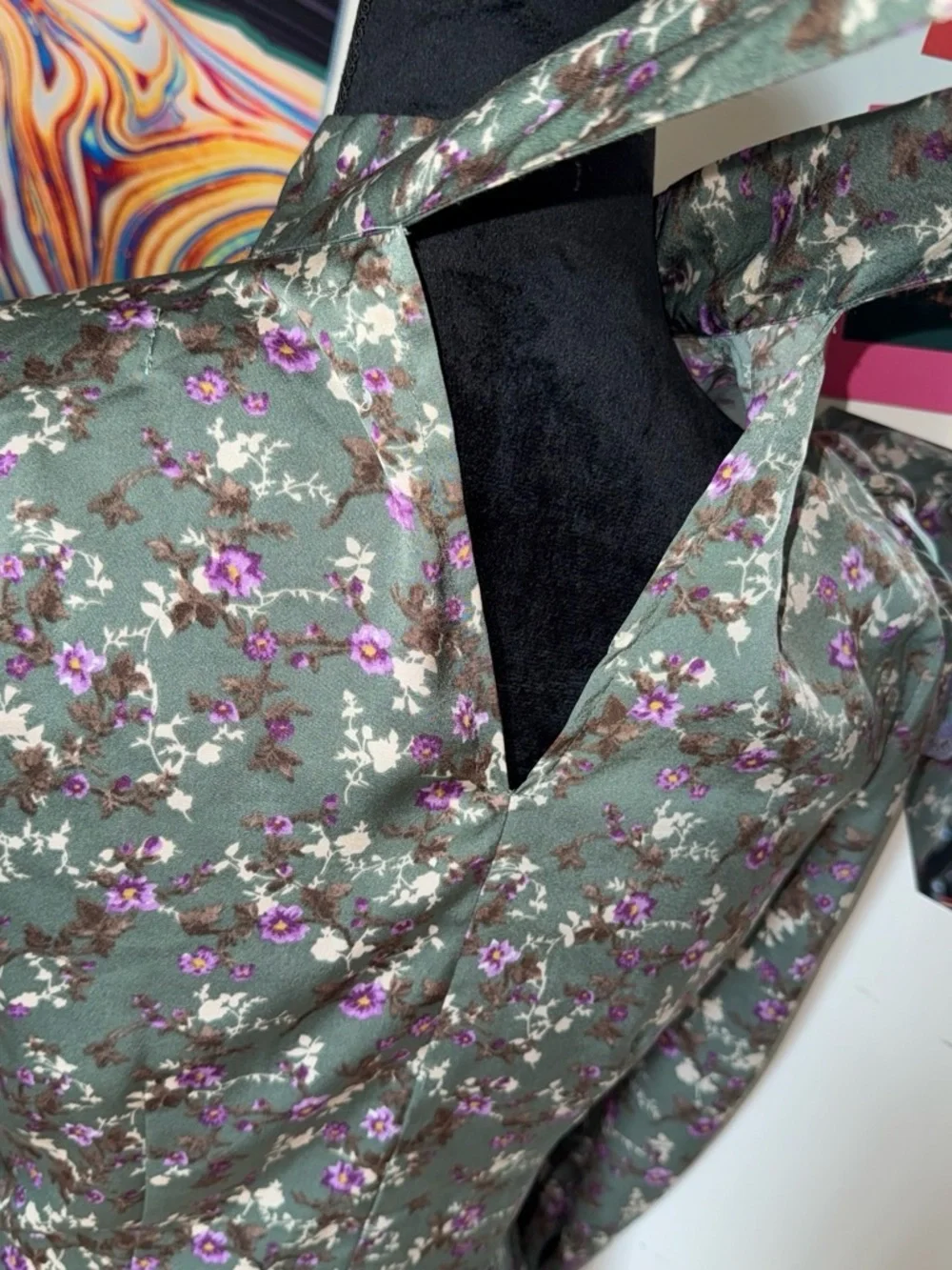 Astr Puff sleeve Olive Green Floral High-Neck Long-Sleeve Blouse